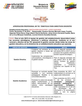 VISIÓN PROPOSITOS Y METAS PARA EL USO DE LAS TIC EN LA I E LICEO