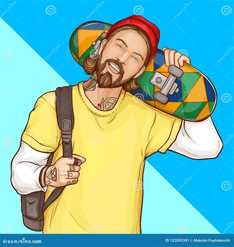 Skater Boy Hipster Holding Skateboard Pop Art Stock Vector