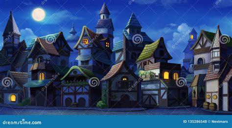 Small Fairy Tale Town Night Stock Illustration - Illustration of child ...