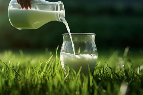 Premium Photo Fresh Milk Poured Into Glass With Grass And Cows