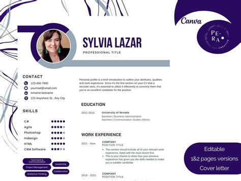 A Purple And White Resume Is Shown With An Image Of A Woman S Face