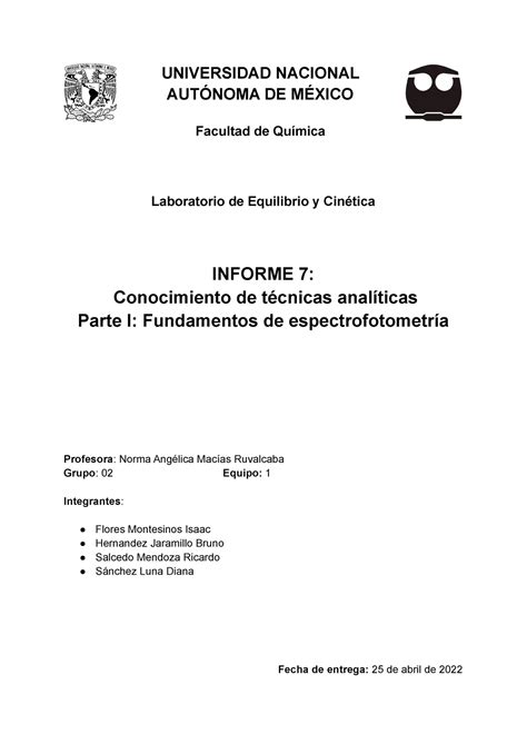 Laboratorio De Equilibrio Y Cinética Informe 7 Conocimiento De