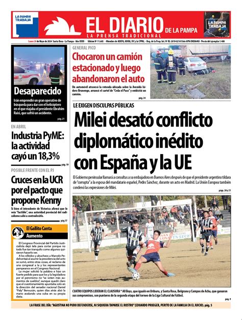 Tapa De El Diario En Papel Lunes 20 De Mayo De 2024 El Diario De La