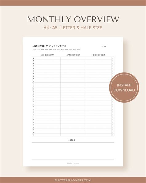 Monthly Overview Printable Planner Month on One Page, Undated Monthly Calendar Inserts Template ...