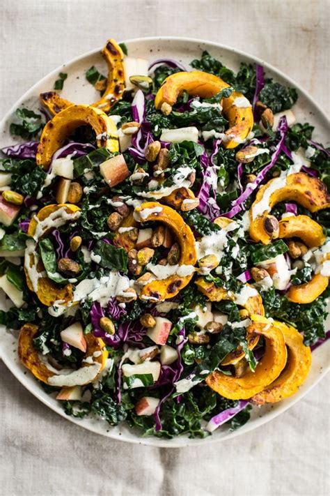 Kale Salad With Roasted Delicata Squash And Orange Maple Hemp Dressing — Edible Perspective