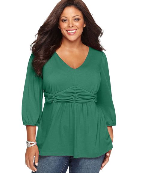 Ny Collection Three Quarter Sleeve Ruched Empire Plus Size Outfits Empire Waist Tops Plus