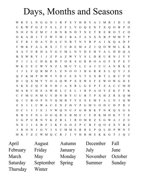 Days Months And Seasons Word Search Wordmint