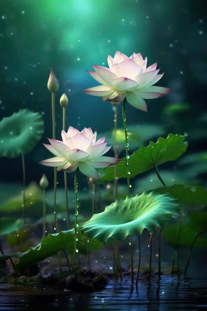 Premium AI Image | Three Green Lotus Flowers in Lotus Pond