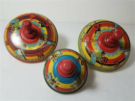 Lot Of 3 Vintage Ohio Art Tin Toy Litho Spinning Tops • 2761 Tin