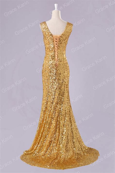 Grace Karin New Shining Sequins Gold Evening Dresses Deep V Neck Long