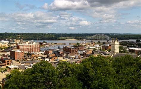 Aerial View Of The City Of Dubuque Against A Blue Cloudy Sky On A Sunny