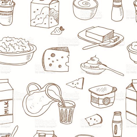 Seamless Pattern With Dairy Products Hand Drawn Decorative Icons Set