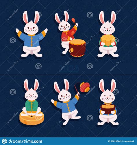 Six Chinese Rabbits Stock Vector Illustration Of Characters 266297443