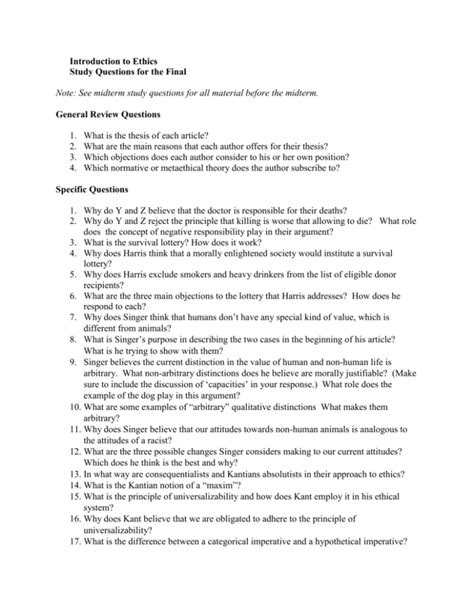 Introduction To Ethics Study Questions For The Final Note See