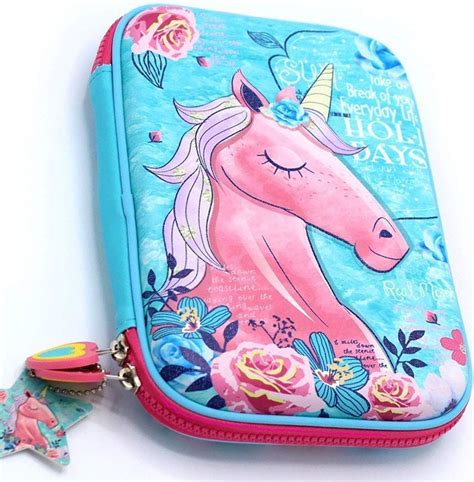 2 Oyss Unicorn Print Large Capacity Broad Hardtop Eva Pencil Case Organizer Blue