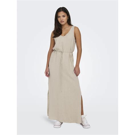 Sleeveless Maxi Dress In Linen Mix With Tie Waist And V Neck Beige