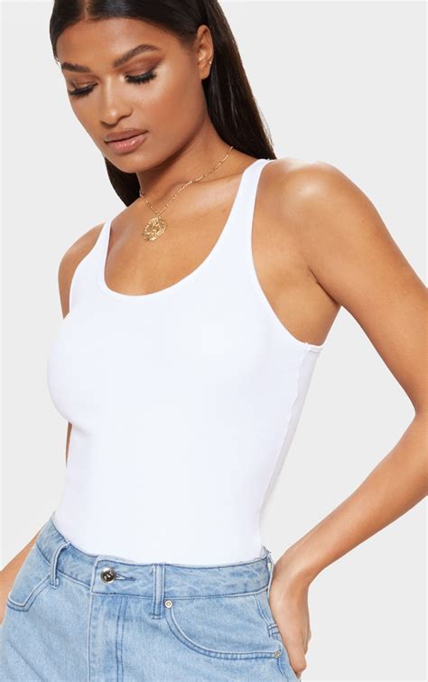 White Cotton Sleeveless Bodysuit Tops Prettylittlething Usa