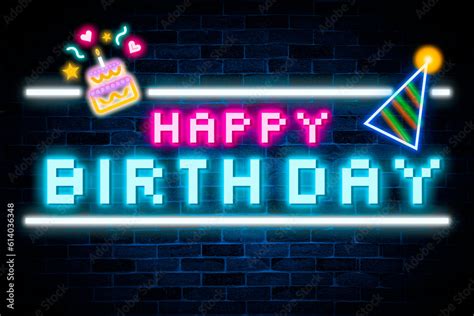 Happy Birthday, neon on brick wall background. Stock Photo | Adobe Stock