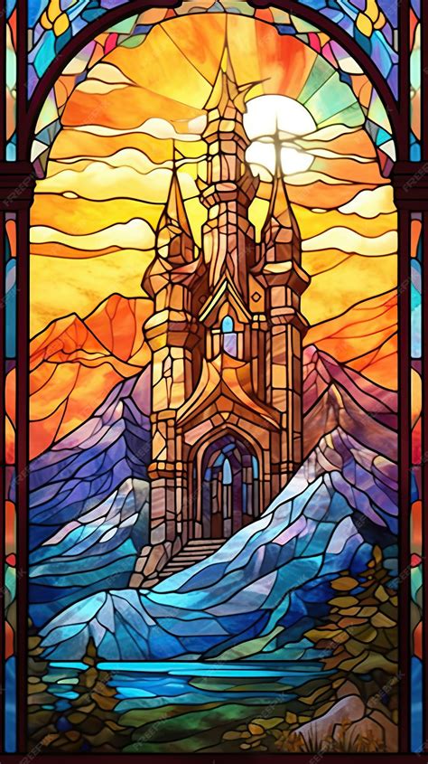 Premium Photo A Beautiful Stained Glass Window Of A Mountain Castle