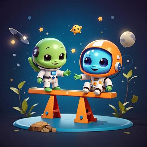 Premium Photo Cute Astronaut And Alien Playing Seesaw With Star