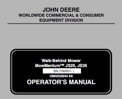 John Deere JS25 JS35 Walk Behind Mower MowMentum Operators Manual