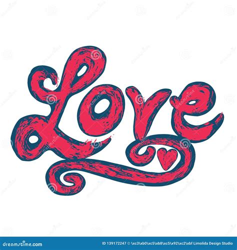 Brush Lettered Red Blue Vector Heart And Love In Bold Text Stock Vector