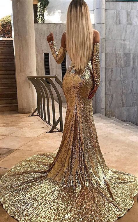 Sparkly Long Sleeves Gold Sequins Mermaid Prom Dress Formal Evening