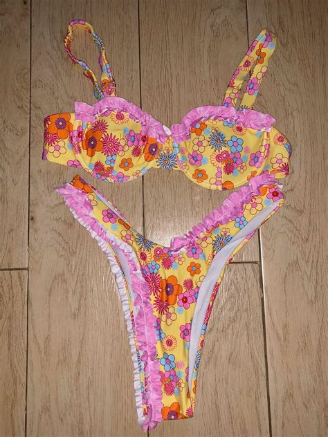 Yellow Pink Floral Bikini Swimsuit Womens Fashion Swimwear Bikinis