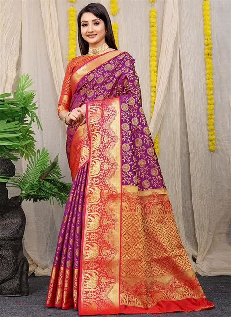 Buy Zari Weaving Purple Color Patola Silk Saree Festive Wear Online At