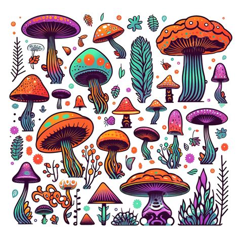 Magic Trippy Mushrooms Vector Doodle Element Halloween Witchcraft