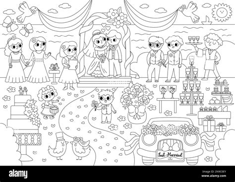 Vector Black And White Wedding Scene Cute Line Marriage Ceremony