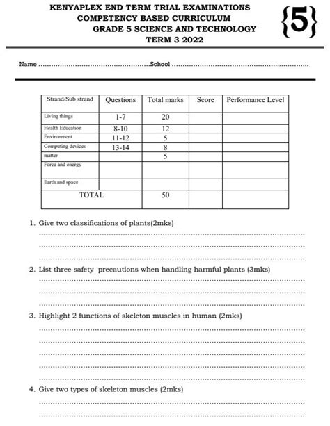 Grade 5 Science And Technology End Of Term 3 Exam 2022 1039