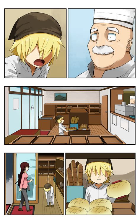 Safebooru 1boy 2girls Bowing Bread Comic Facial Hair Food Hair Over Eyes Multiple Girls