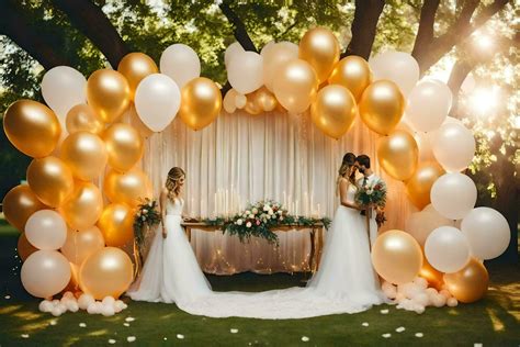 wedding couple in front of a gold and white balloon arch. AI-Generated ...