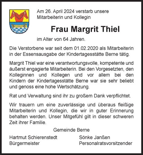 Traueranzeigen Von Margrit Thiel Nordwest Trauer De