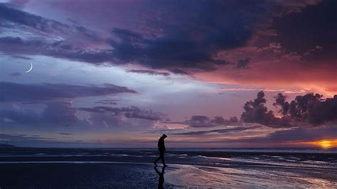 Beach Alone Clouds Sea Water Moon Sunset Walking Hd Wallpaper