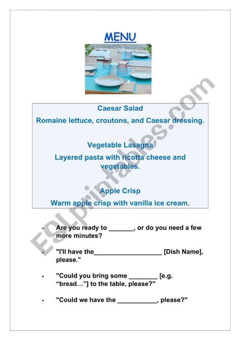 Ordering At The Restaurant Esl Worksheet By Ethec