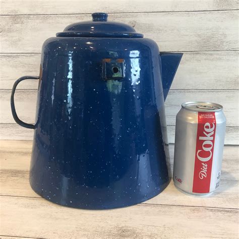 Large Vintage Blue Speckled Enamelware Cowboy Camping Coffee Etsy