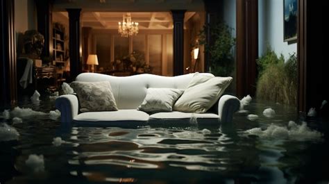 Sala de estar inundada con agua y un sofá flotando en Foto Premium