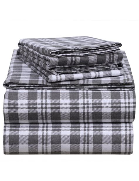 Enviohome 160 Gsm Cotton Flannel Sheet Set Queen Grey Plaid