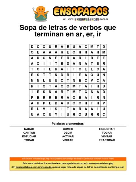 Sopa De Letras De Verbos Que Terminan En Ar Er Ir Pdf