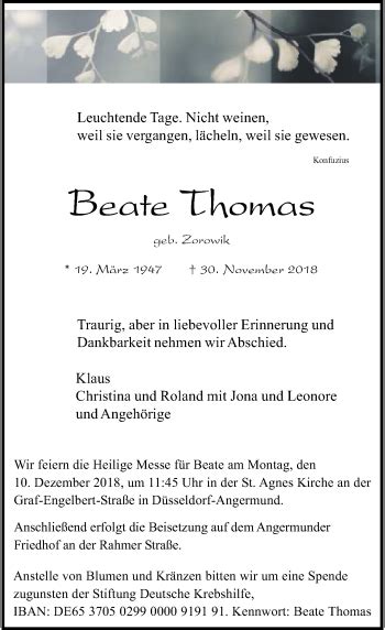 Alle Traueranzeigen F R Beate Thomas Trauer Rp Online De