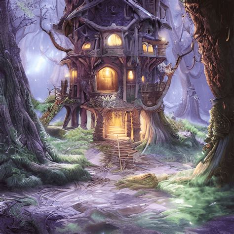 Fantasy Treehouse In The Deep Wood At Night · Creative Fabrica