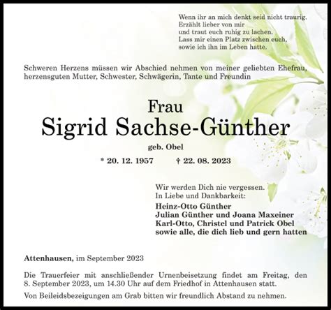 Traueranzeigen von Sigrid Sachse Günther rz trauer de