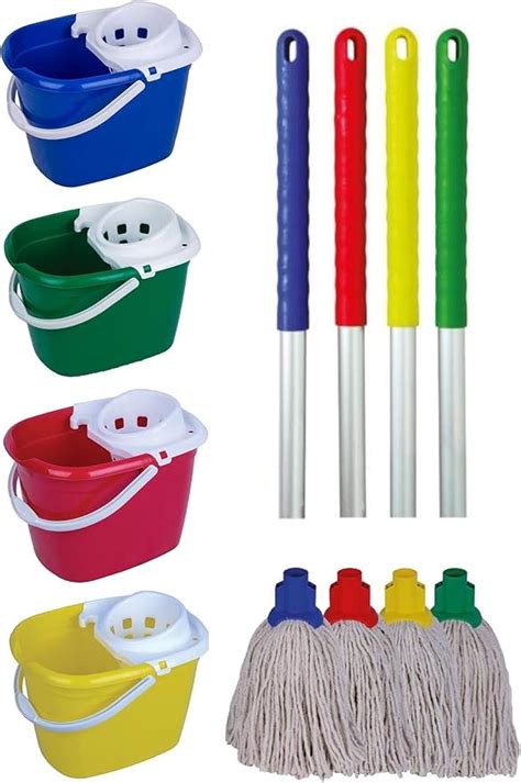 10 PY EXEL Mop Heads With Colour Coded EXEL Handle And Mop Bucket