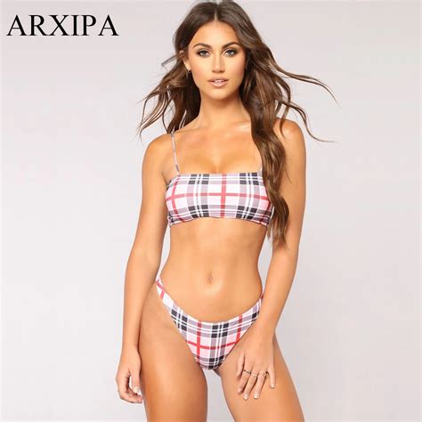 ARXIPA Sexy Plaid High Cut Thong Bikini Sets Bralette Bathing Suits