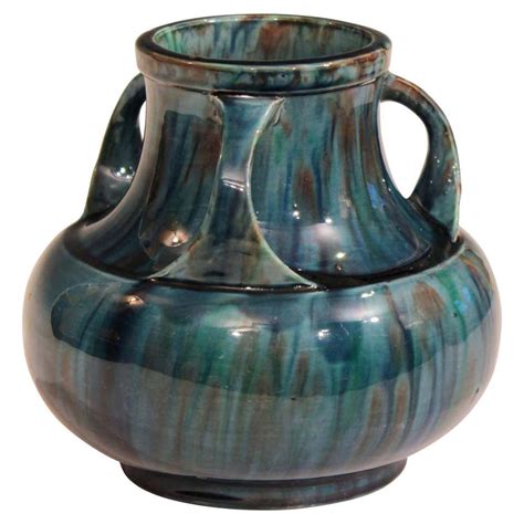 Awaji Pottery Art Deco Japanese Vintage Studio Vase In Blue Flambé Drip