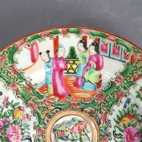 Antique Chinese Rose Medallion Porcelain Plates With Gardens And