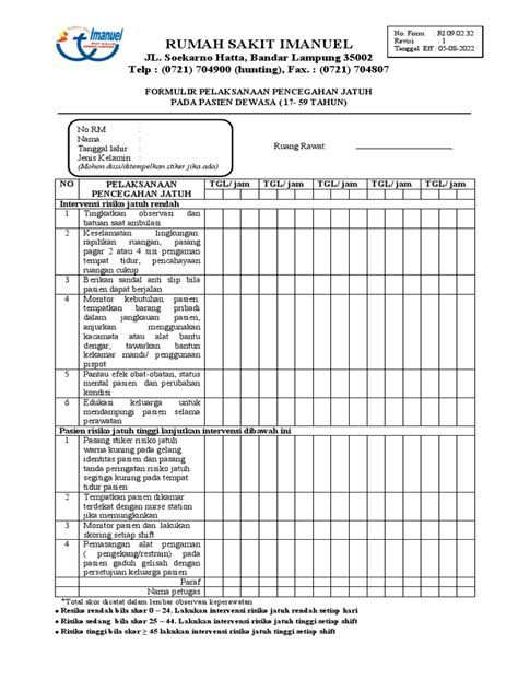 Formulir Pelaksanaan Pencegahan Jatuh Pada Pasien Dewasa Pdf