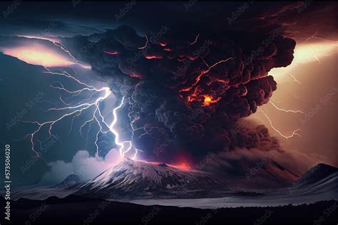 Volcanic explosion dark clouds thunder and lightning Stock Illustration ...